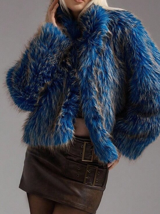 Blue Casual Women's Minimalist Faux Fur Stand Collar Coat - Picture 1 of 5